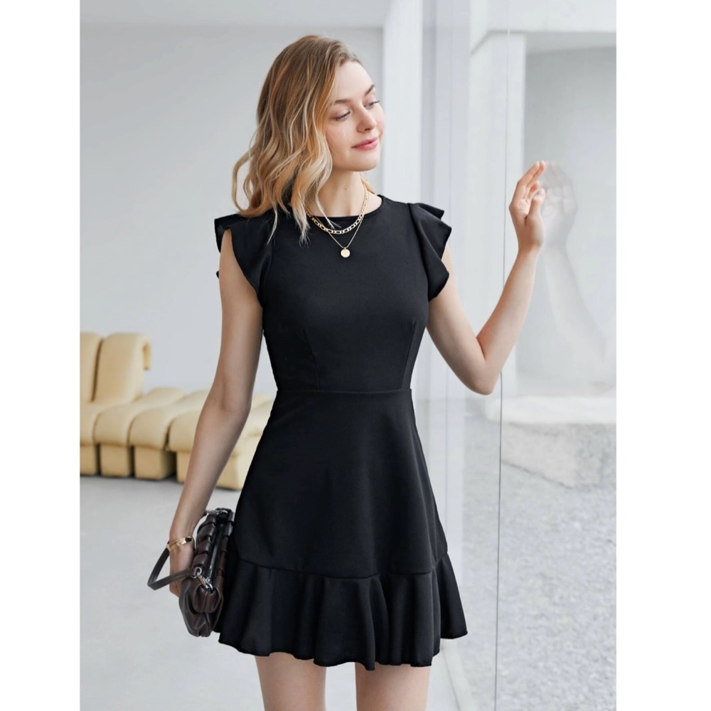 Black Ruffle Trim Short Dress - Picture 4 of 8
